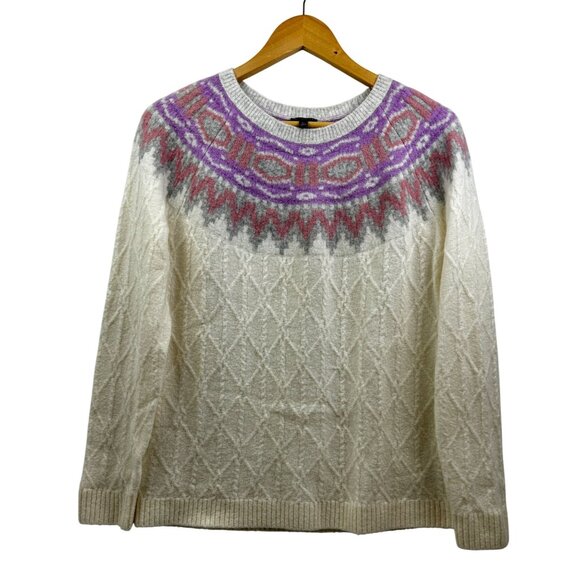 Talbots Petite Fair Isle Sweater Large Cream Prple Pink Nordic Knit Alpaca Blend - Picture 1 of 5